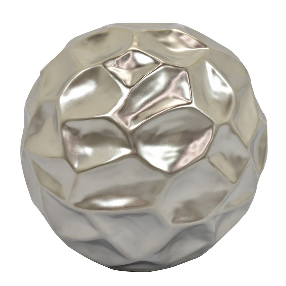 Decorative Accent Sculpture Orb, Faceted Glam Silver Ceramic, 9 Inch-BM353552
