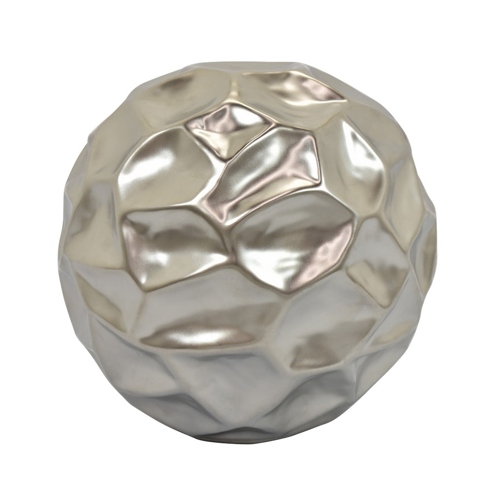 Decorative Accent Sculpture Orb, Faceted Glam Silver Ceramic, 9 Inch-BM353552