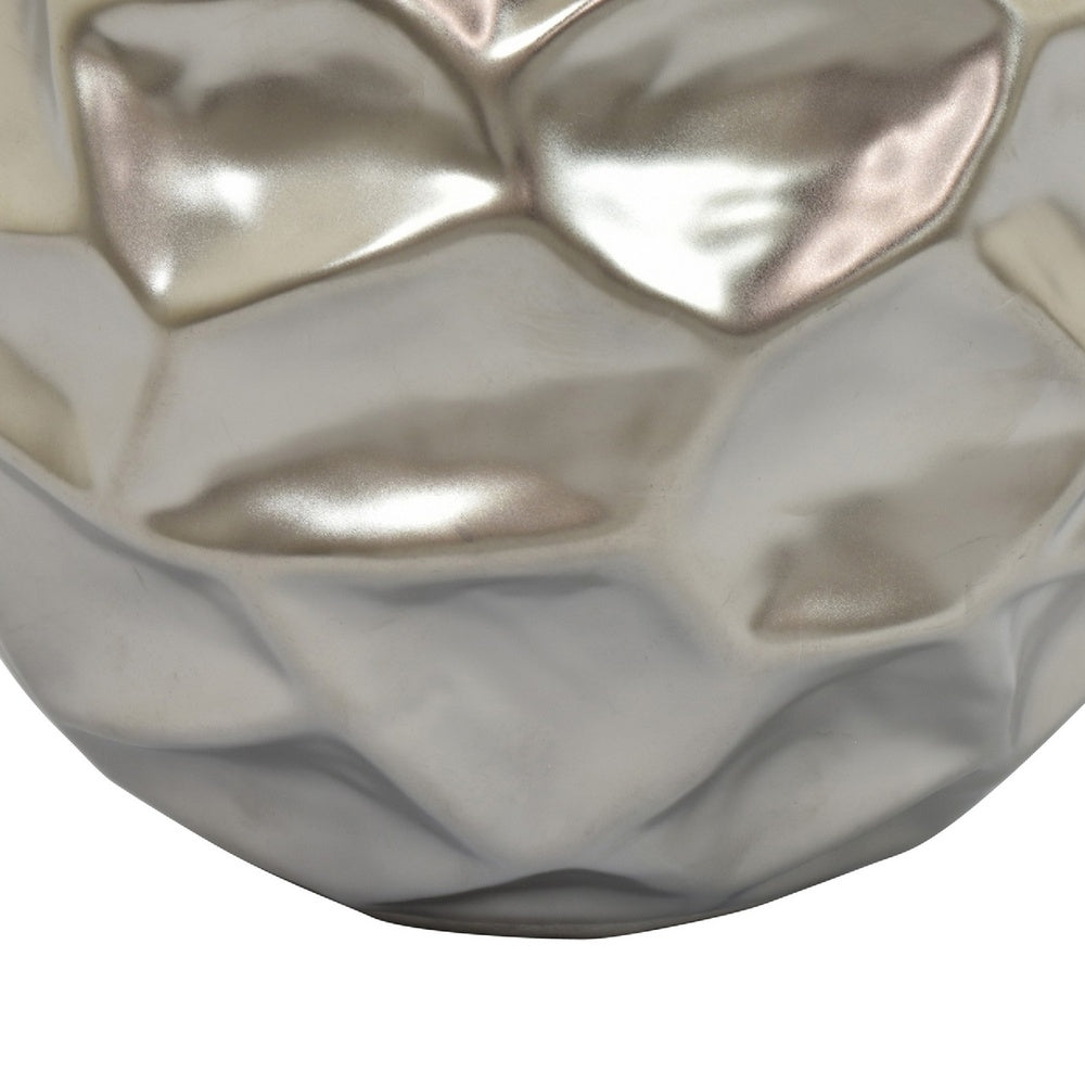 Decorative Accent Sculpture Orb, Faceted Glam Silver Ceramic, 9 Inch-BM353552