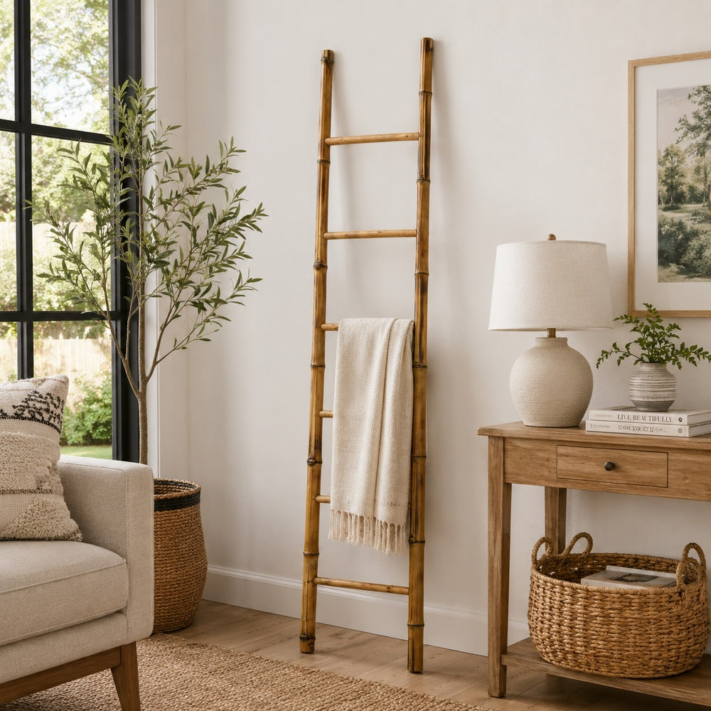 Natural Bamboo Ladder, Decorative and Utility Leaning Rack, 86 Inch Brown-BM353553
