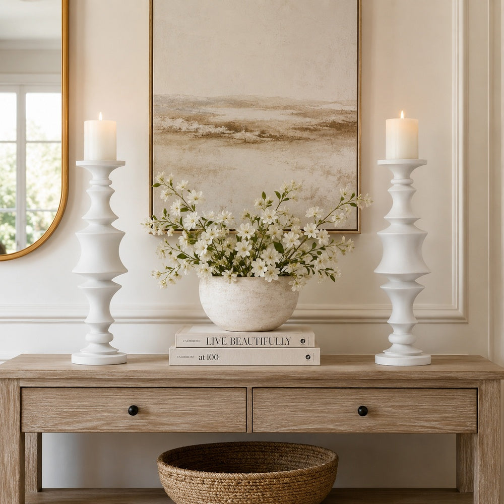 Tabletop Décor Candle Holder, Tiered Baluster Style, White Resin, 18 Inch-BM353554