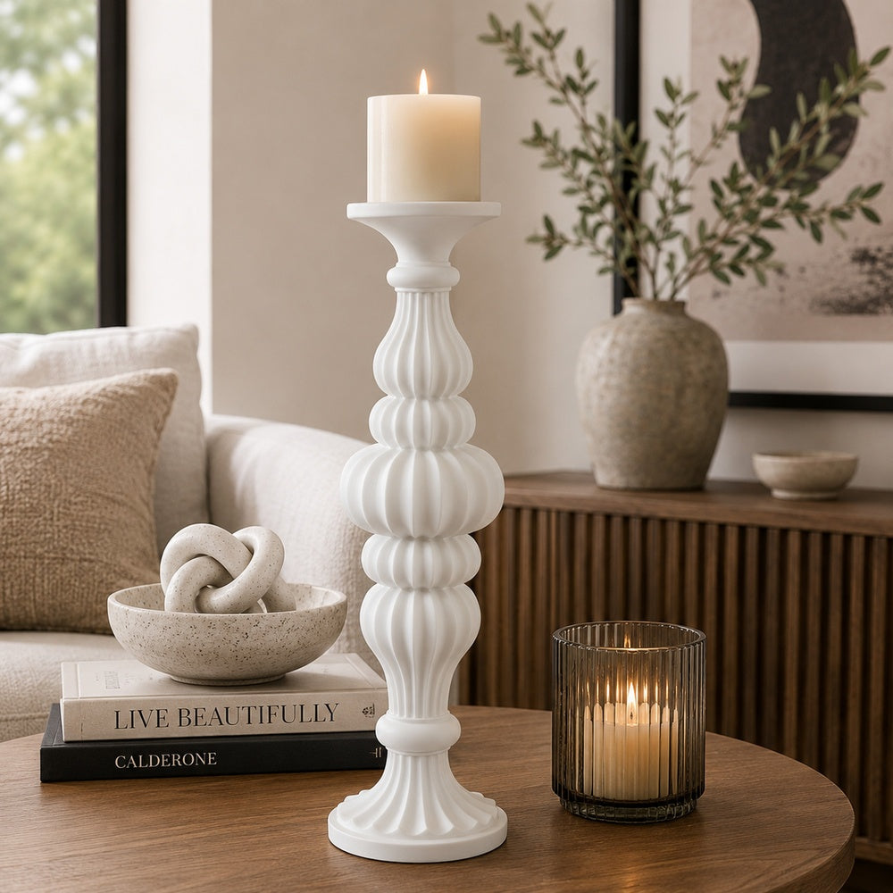 Tabletop Décor Candle Holder, Fluted Turned Baluster, White Resin, 18 Inch-BM353556