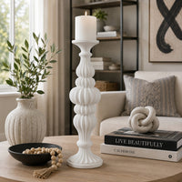 Tabletop Décor Candle Holder, Fluted Turned Baluster, White Resin, 18 Inch-BM353556
