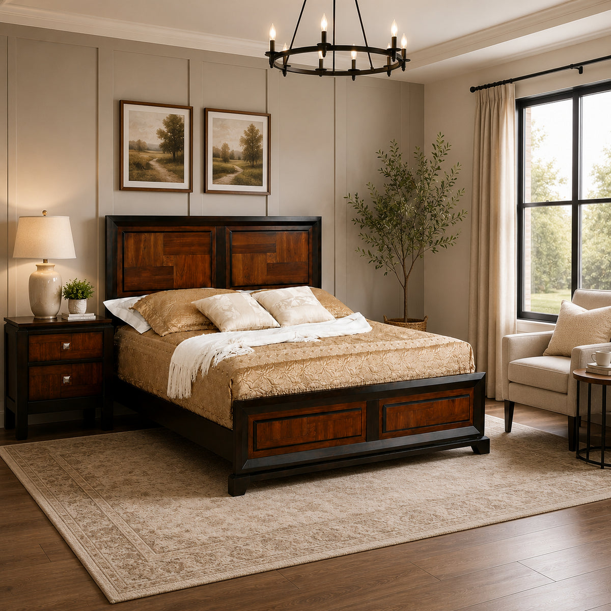 Queen Bedroom Set, Brown Wood, 2 Piece Set with Nightstand
