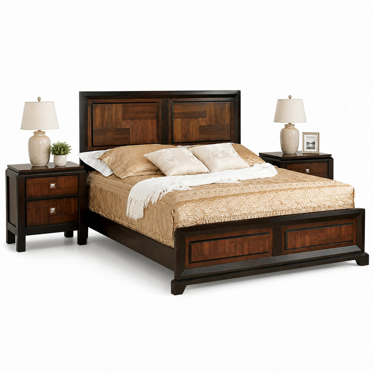 Queen Bedroom Set, Brown Wood, 3 Piece Set with 2 Nightstands