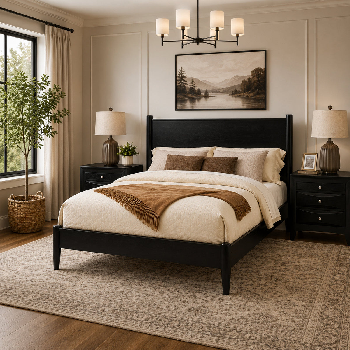 Queen Bedroom Set, Black Wood, 3 Piece Set with 2 Nightstands-BM354226