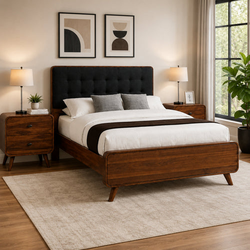 Queen Bedroom Set, Gray, Brown Wood, 3 Piece Set with 2 Nightstands