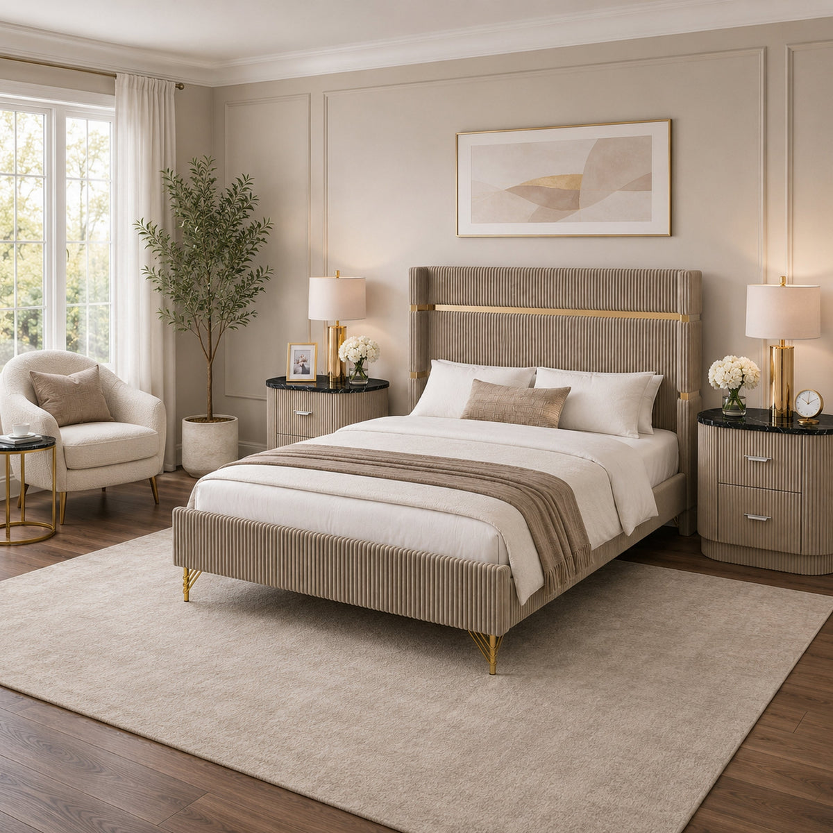 Queen Bedroom Set, Gold, Beige, Black, Silver Wood, 3 Piece Set with 2 Nightstands-BM354235
