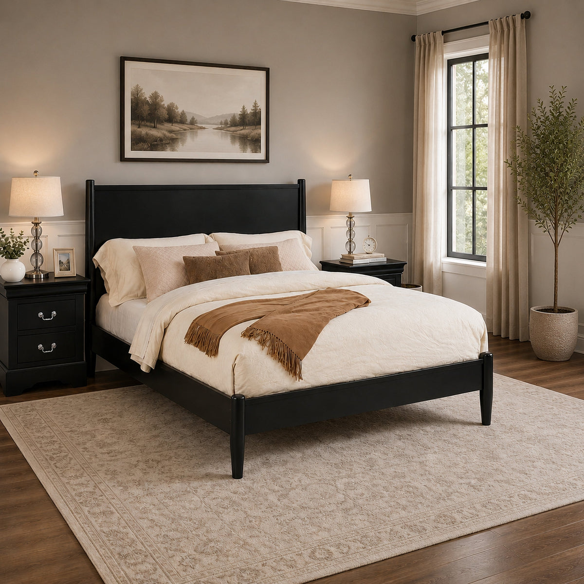 California King Bedroom Set, Black Wood, 3 Piece Set with 2 Nightstands-BM354238