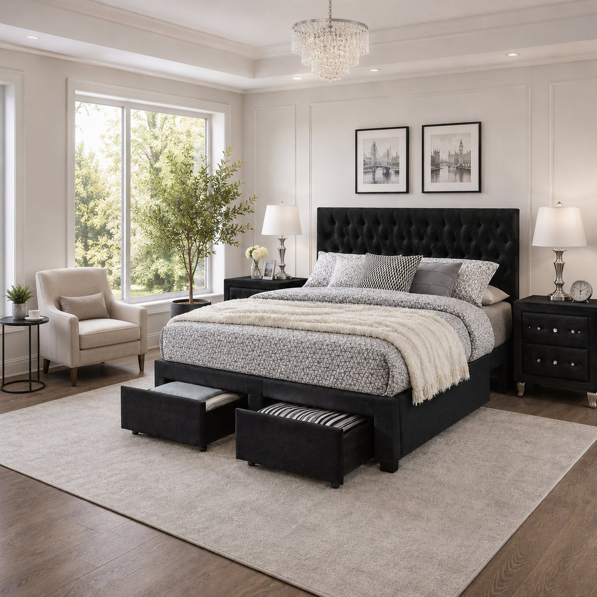 King Bedroom Set, Black Wood, 3 Piece Set with 2 Nightstands-BM354241