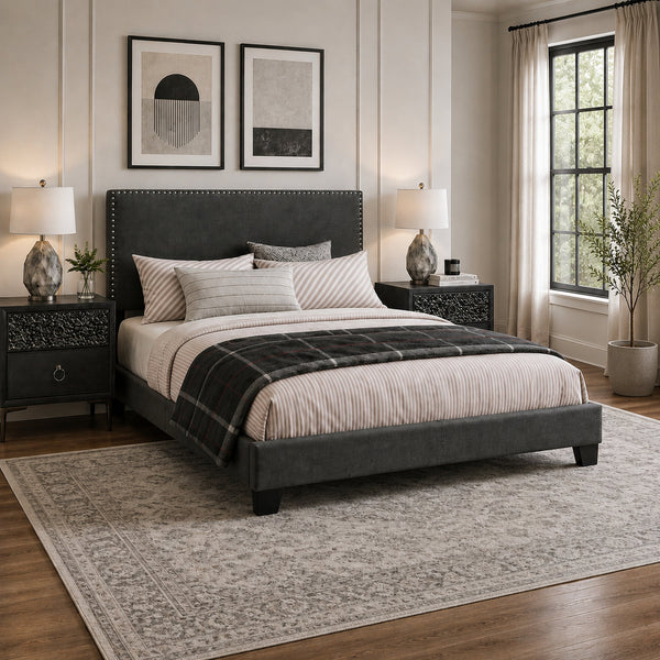King Bedroom Set, Espresso Brown, Silver, Black Wood, 3 Piece Set with 2 Nightstands-BM354243