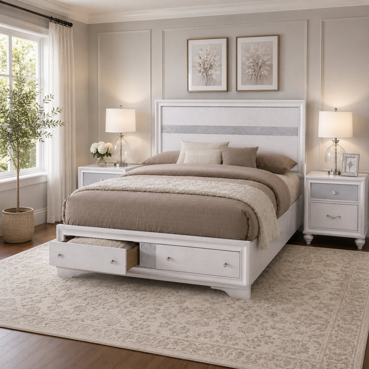 King Bedroom Set, White Wood, 3 Piece Set with 2 Nightstands-BM354245