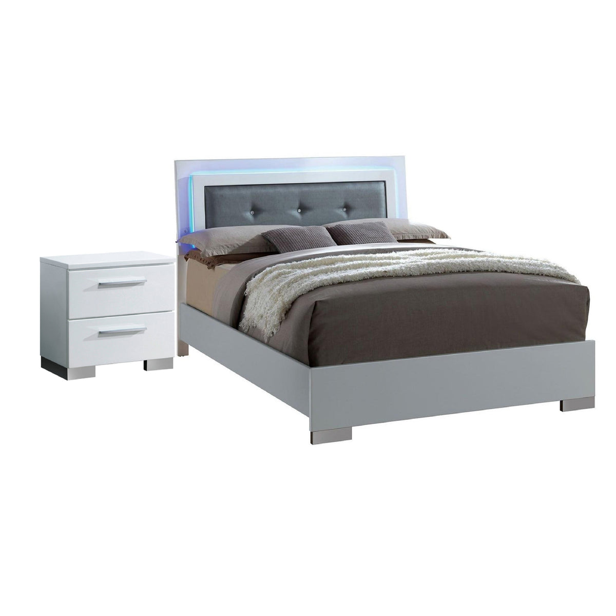 Queen Bedroom Set in White & Black Wood – 2 Piece Set with Nightstand