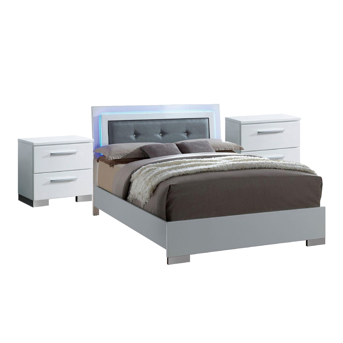 Queen Bedroom Set in White & Black Wood – 3 Piece Set with 2 Nightstands
