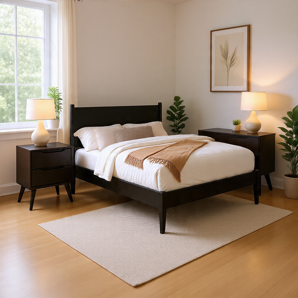 Queen Bedroom Set, Black Wood, 3 Piece Set with 2 Nightstands