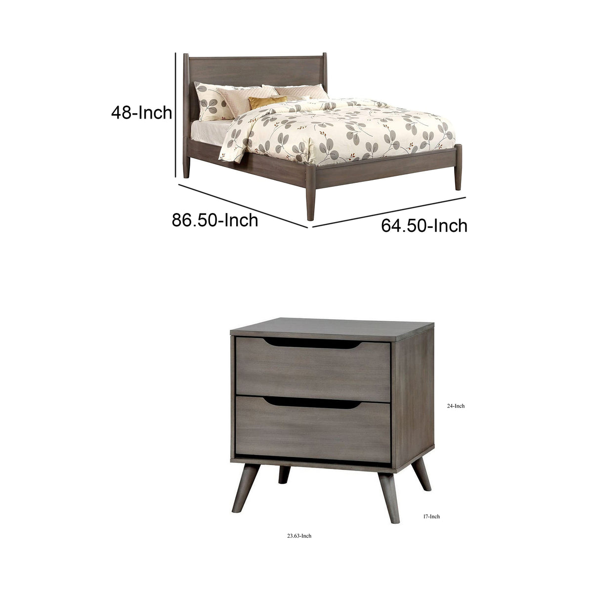 Queen Bedroom Set in Gray Wood – 2 Piece Set with Nightstand