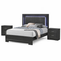Queen Bedroom Set, Dark Gray, Metallic Gray Wood, 3 Piece Set with 2 Nightstands