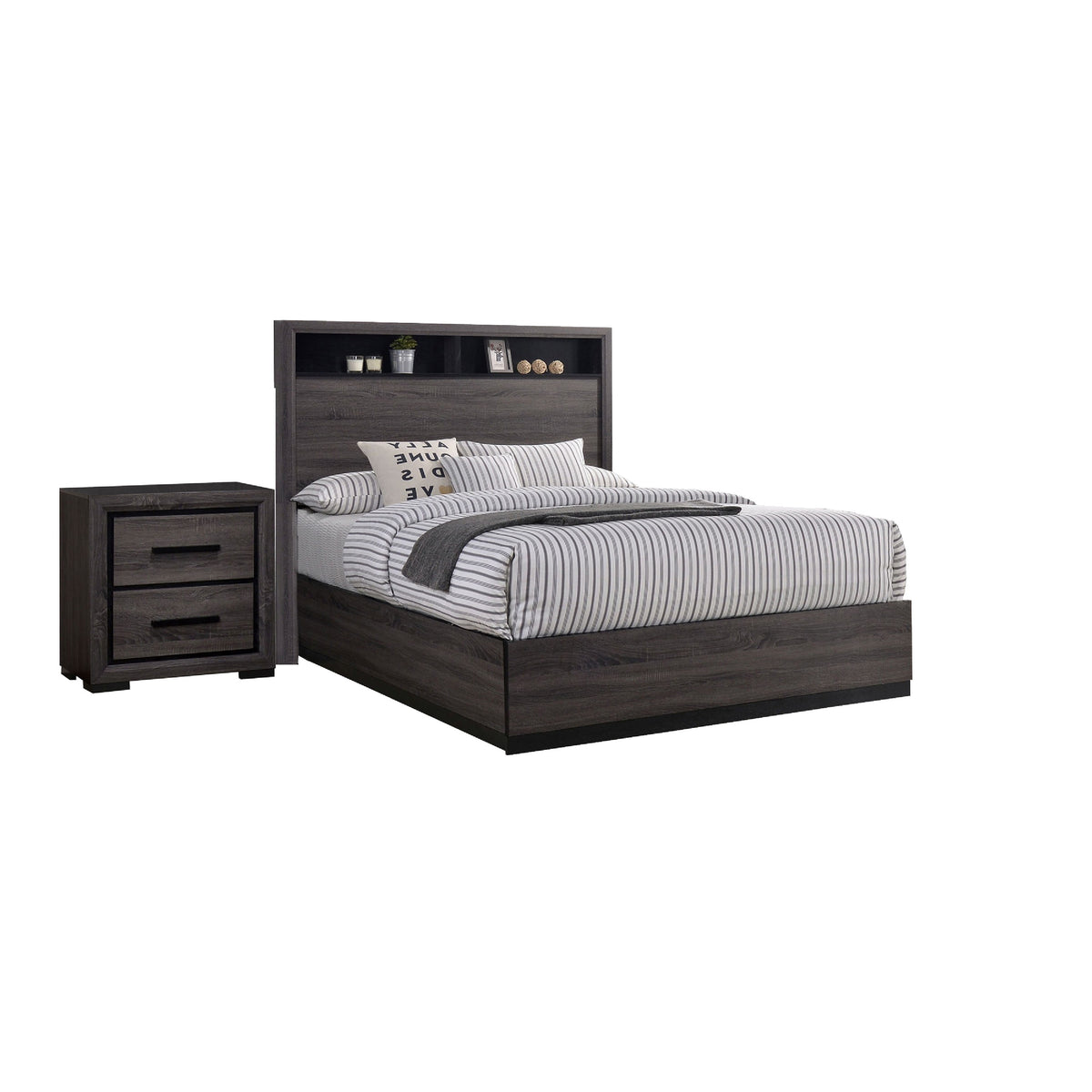 Queen Bedroom Set in Gray & Black Wood – 2 Piece Set with Nightstand