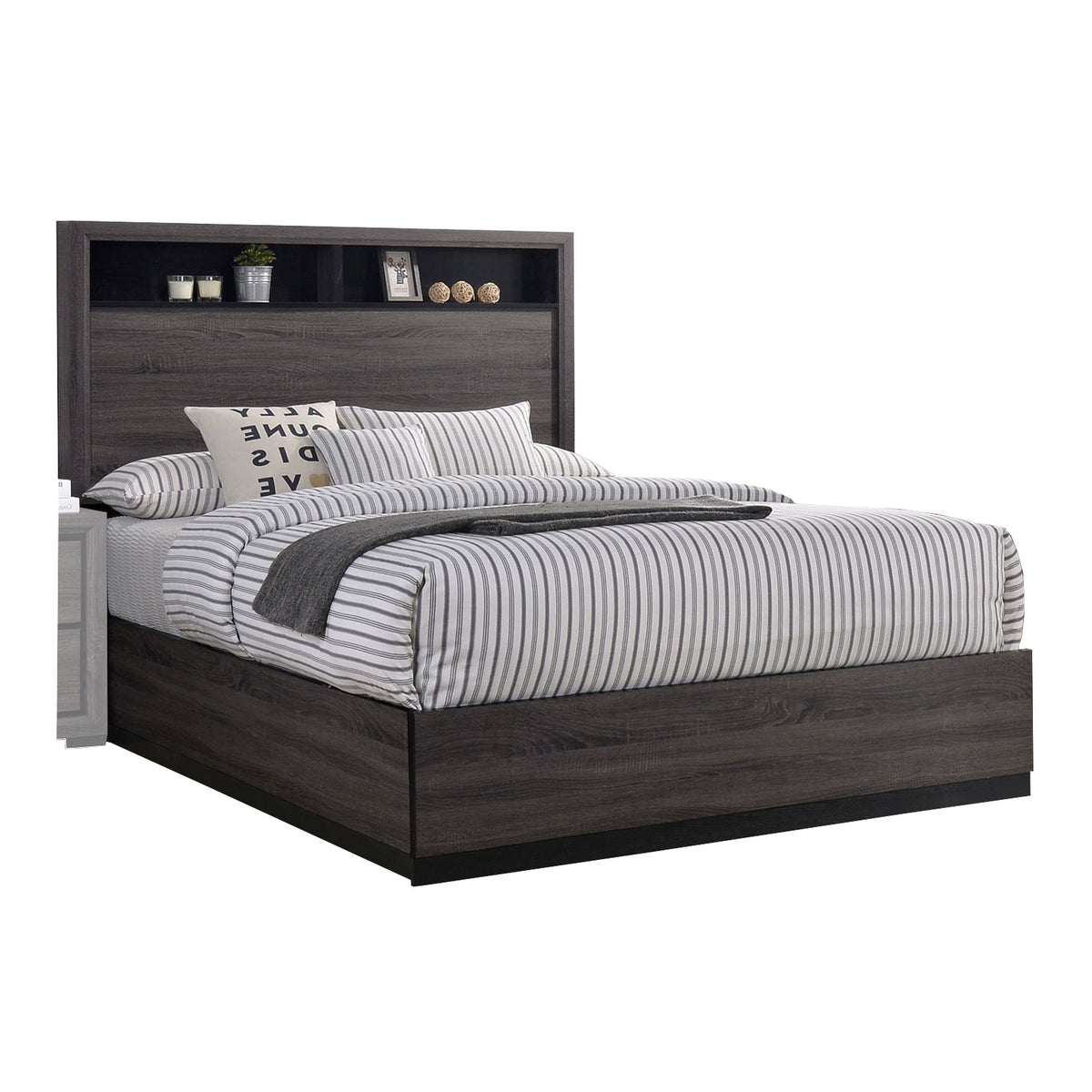 Queen Bedroom Set in Gray & Black Wood – 2 Piece Set with Nightstand