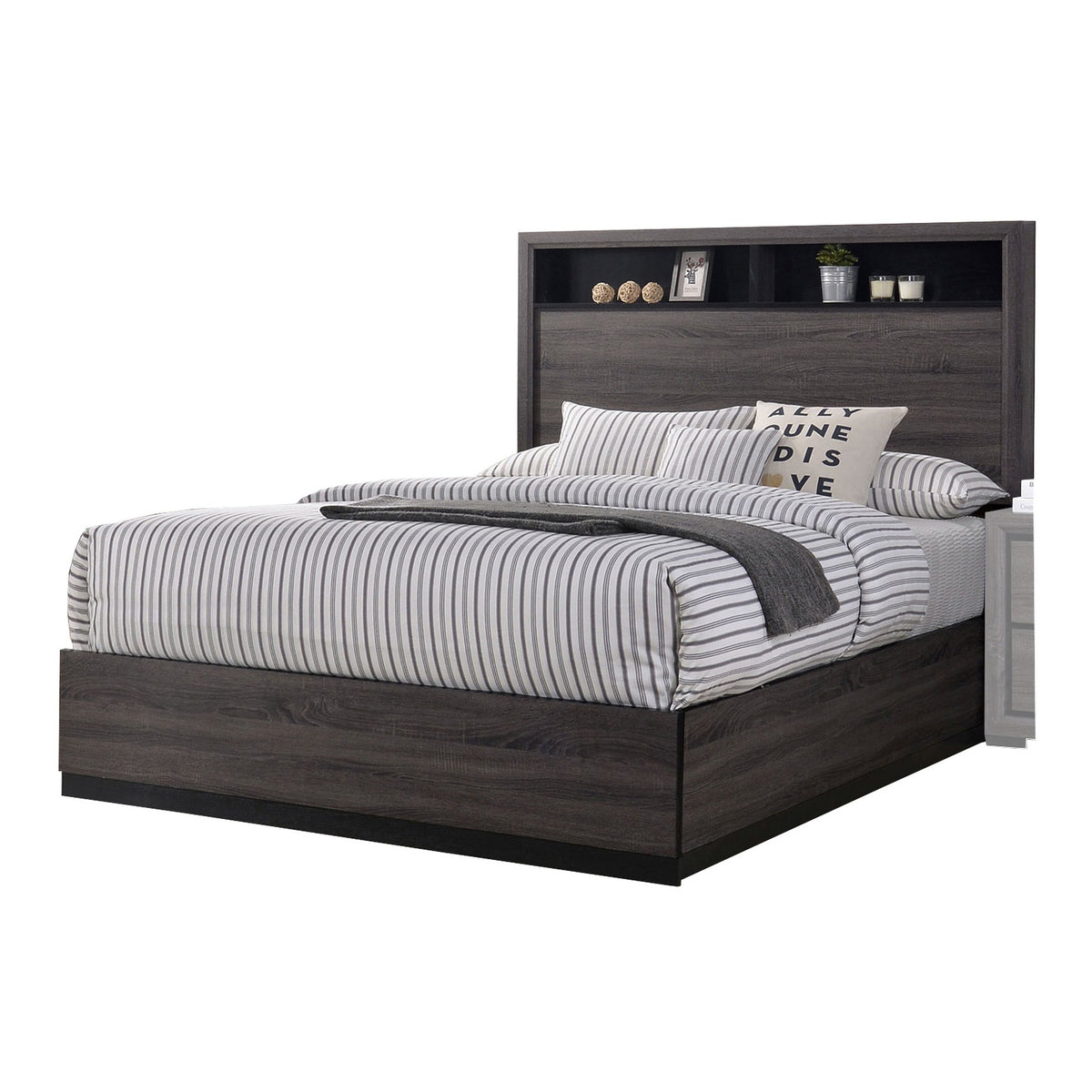 Queen Bedroom Set in Gray & Black Wood – 2 Piece Set with Nightstand
