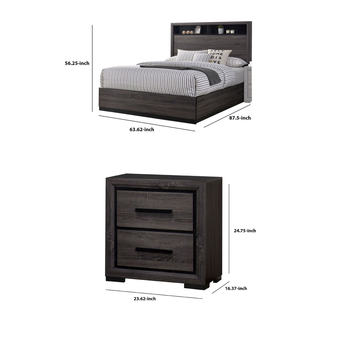 Queen Bedroom Set in Gray & Black Wood – 3 Piece Set with 2 Nightstands
