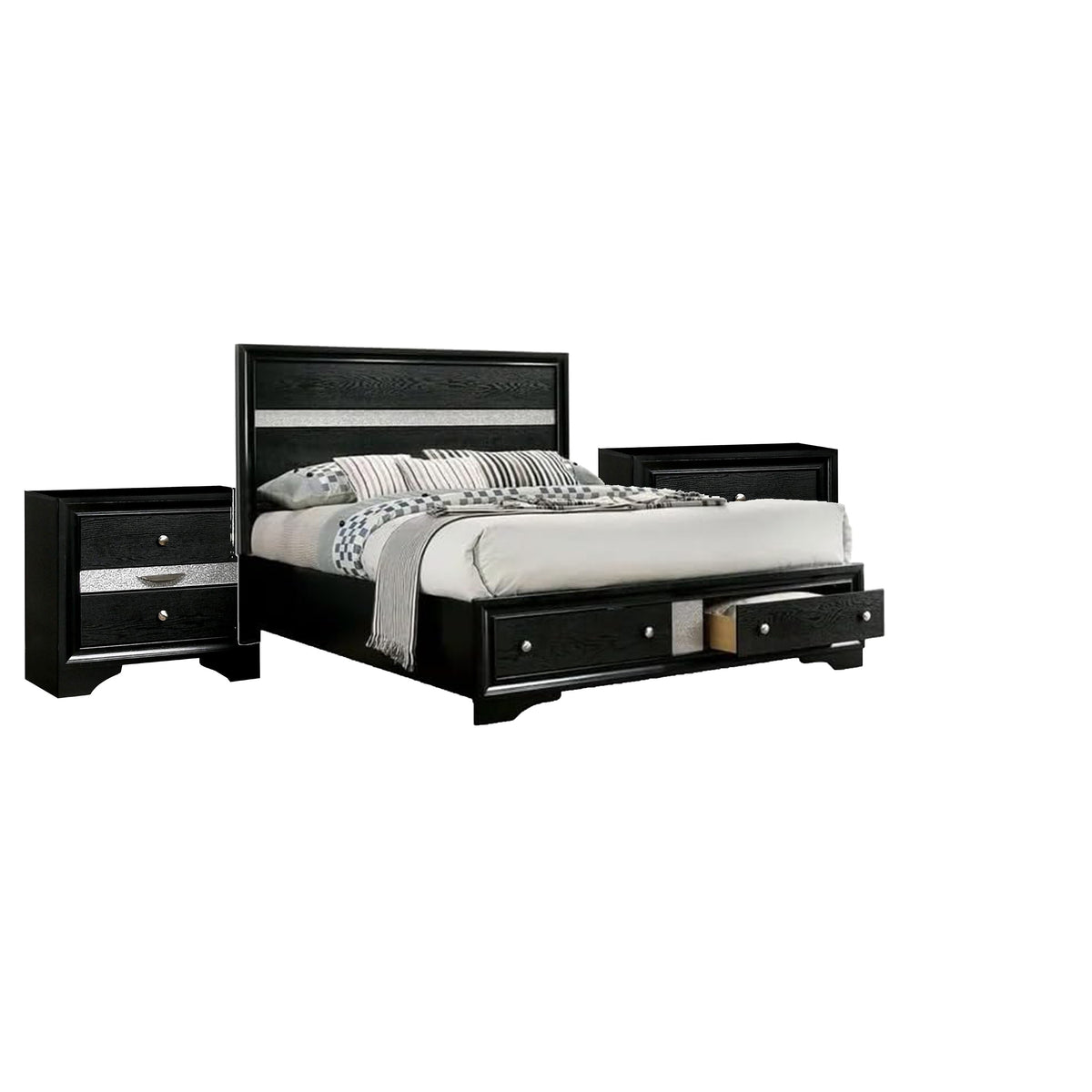 Queen Bedroom Set, Black, Silver Wood, 3 Piece Set with 2 Nightstands