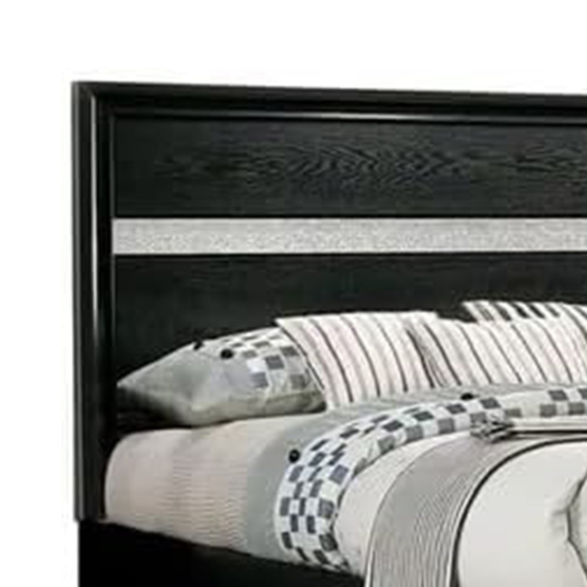 Queen Bedroom Set, Black, Silver Wood, 3 Piece Set with 2 Nightstands