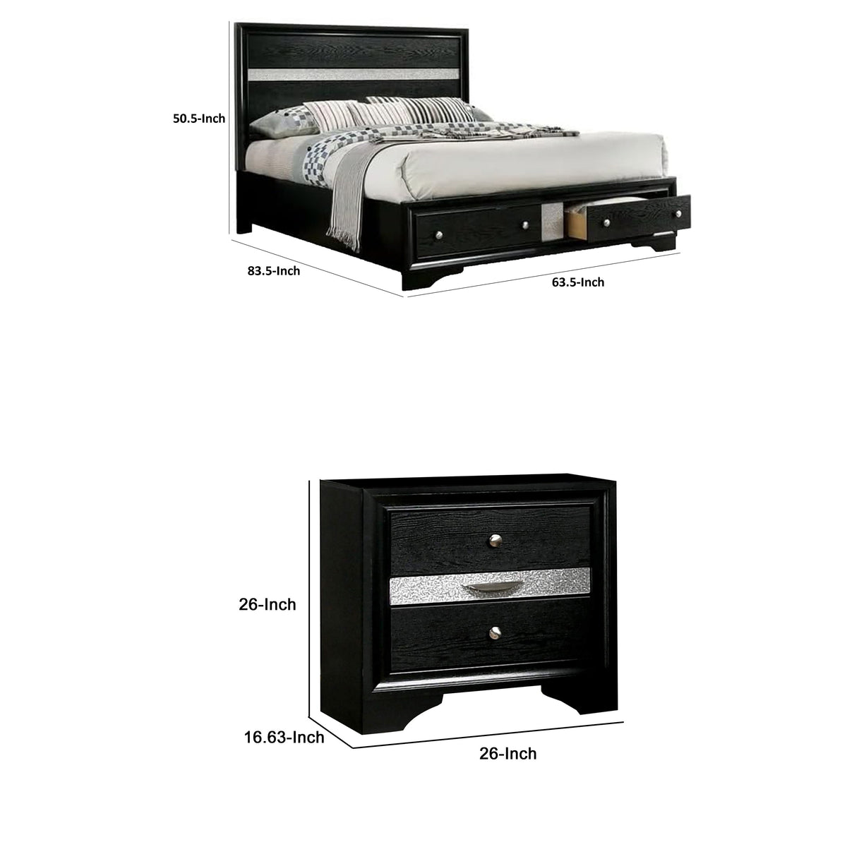 Queen Bedroom Set, Black, Silver Wood, 3 Piece Set with 2 Nightstands