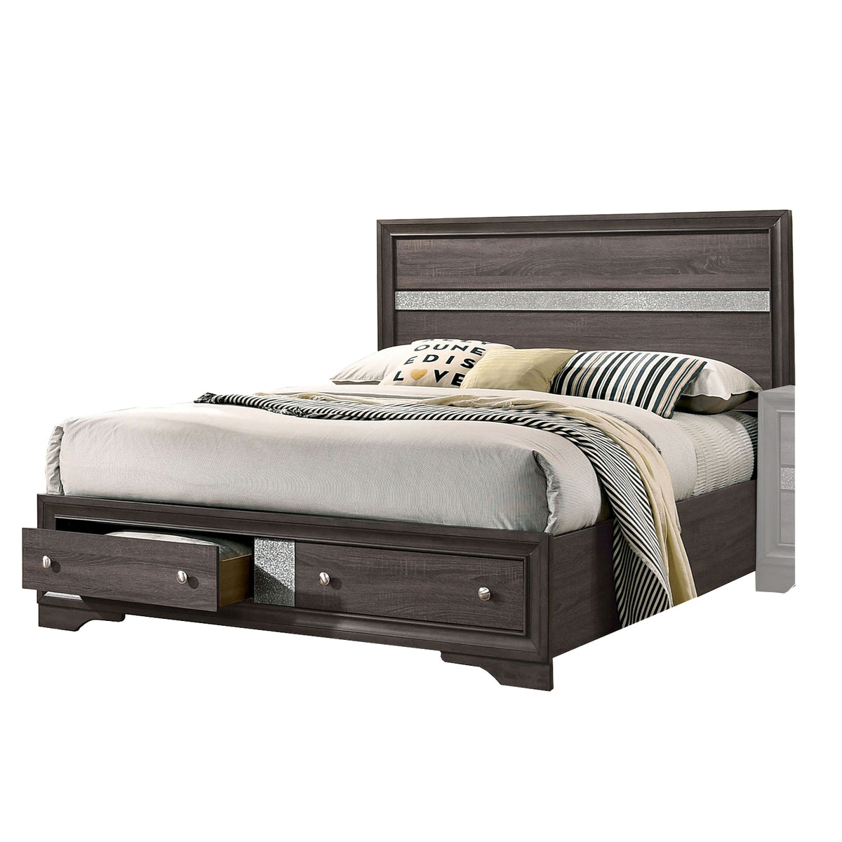 Queen Bedroom Set in Gray & Silver with Brown Wood Accents – 2 Piece Set with Nightstand