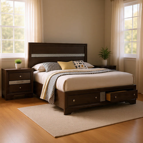 Queen Bedroom Set in Gray & Silver with Brown Wood Accents€“ 2 Piece Set with Nightstand