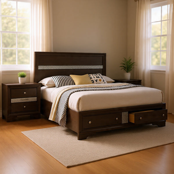 Queen Bedroom Set in Gray & Silver with Brown Wood Accents – 2 Piece Set with Nightstand