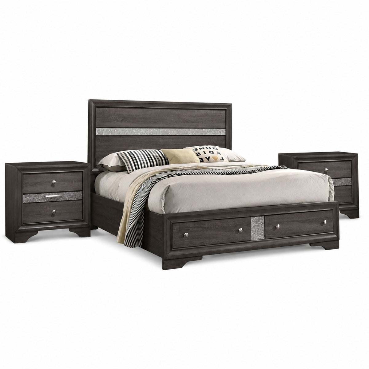 Queen Bedroom Set in Gray & Silver with Brown Wood Accents – 3 Piece Set with 2 Nightstands