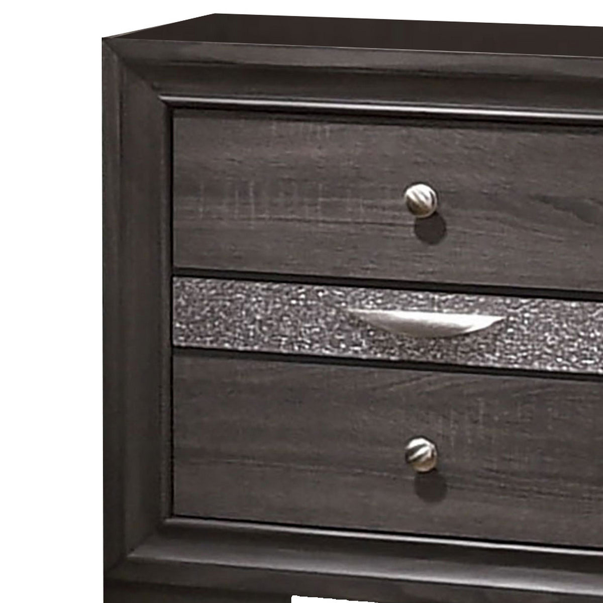 Queen Bedroom Set in Gray & Silver with Brown Wood Accents – 3 Piece Set with 2 Nightstands