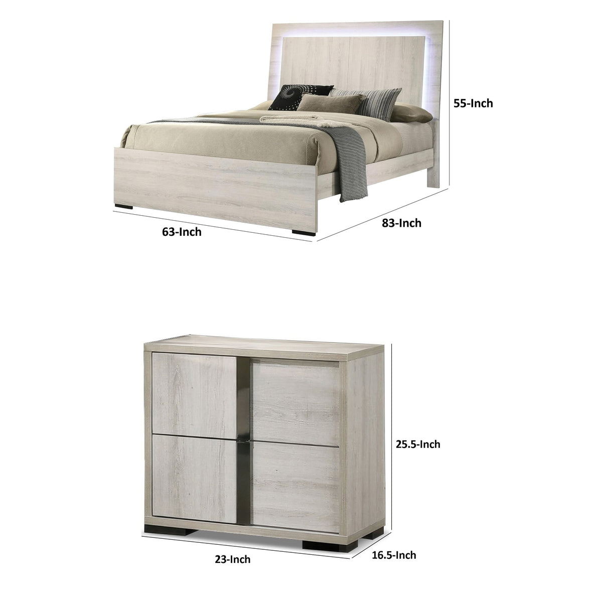 Queen Bedroom Set, White Wash, Chrome, 2 Piece Set with Nightstand