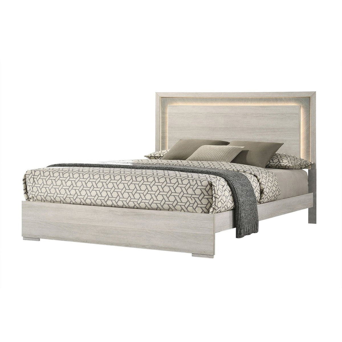 Queen Bedroom Set, White Wash, Stone Gray, 3 Piece Set with 2 Nightstands