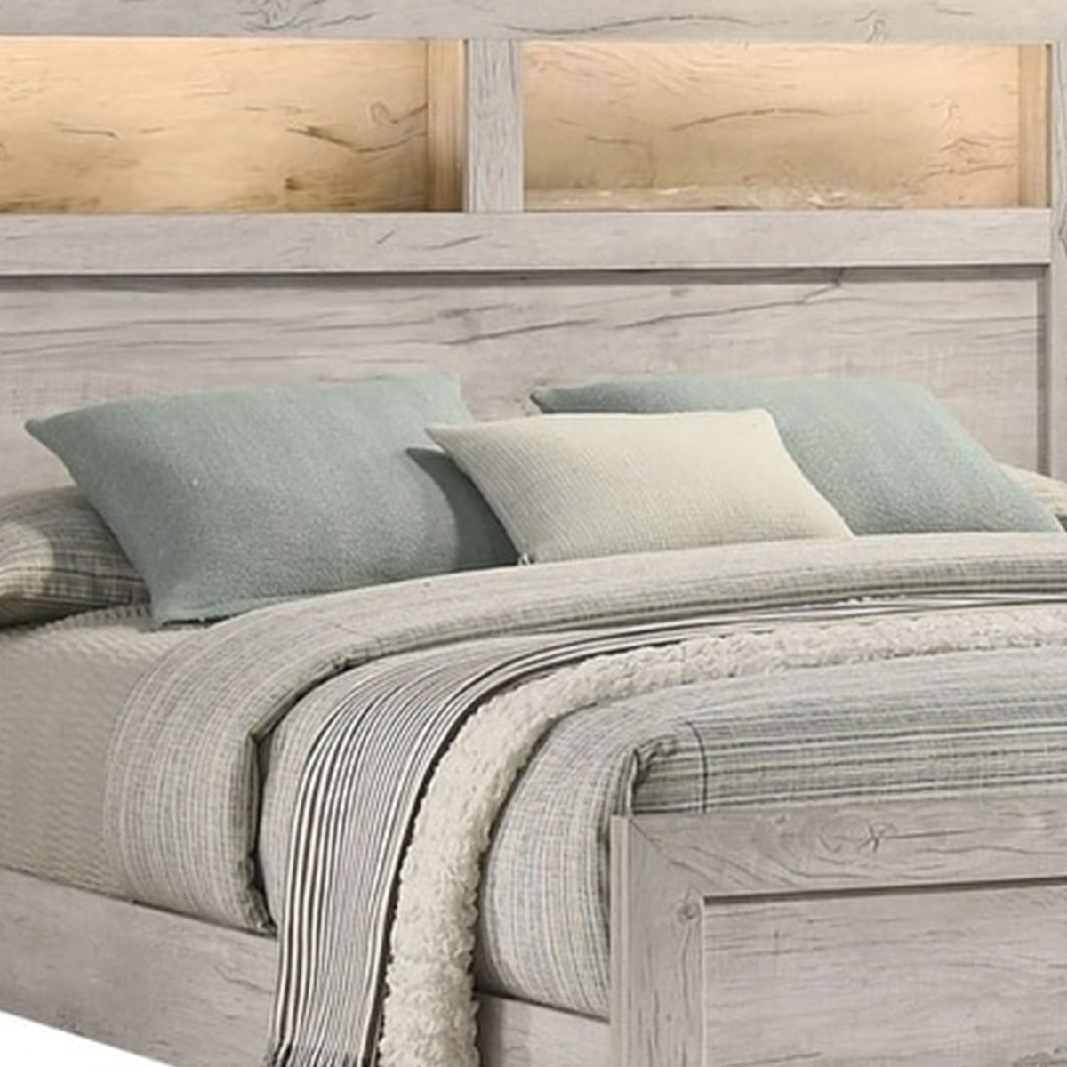 Queen Bedroom Set, White Wash, Black Wood, 3 Piece Set with 2 Nightstands