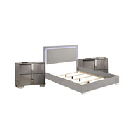 Queen Bedroom Set, Light Taupe, Chrome Silver Wood, 3 Piece Set with 2 Nightstands