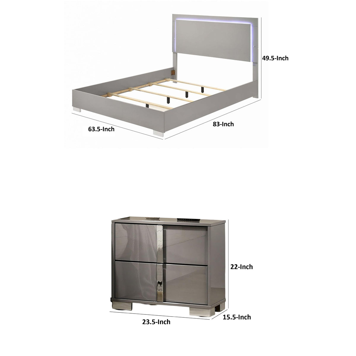 Queen Bedroom Set, Light Taupe, Chrome Silver Wood, 3 Piece Set with 2 Nightstands