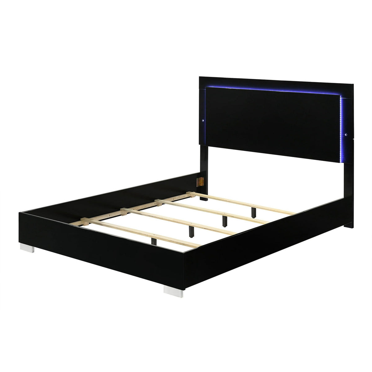 Queen Bedroom Set, Piano Black, Chrome, Chrome Silver Wood, 2 Piece Set with Nightstand