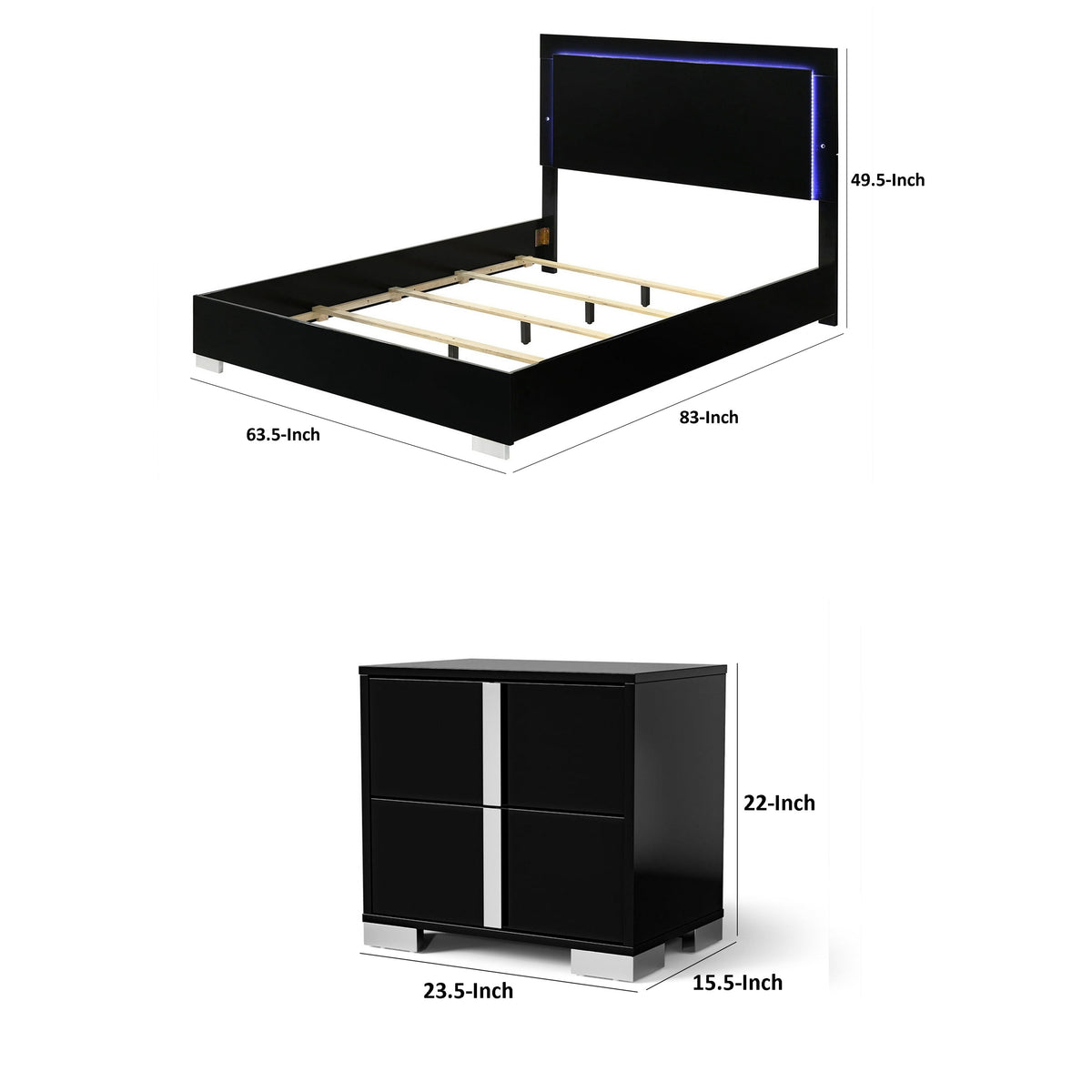 Queen Bedroom Set, Piano Black, Chrome, Chrome Silver Wood, 2 Piece Set with Nightstand