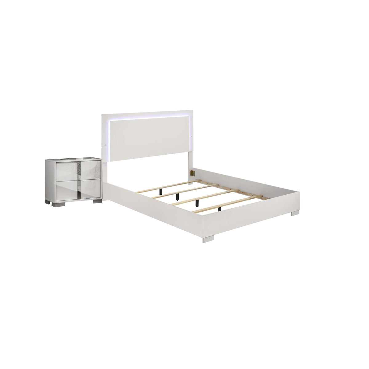 Queen Bedroom Set, White, Chrome, Chrome Silver Wood, 2 Piece Set with Nightstand