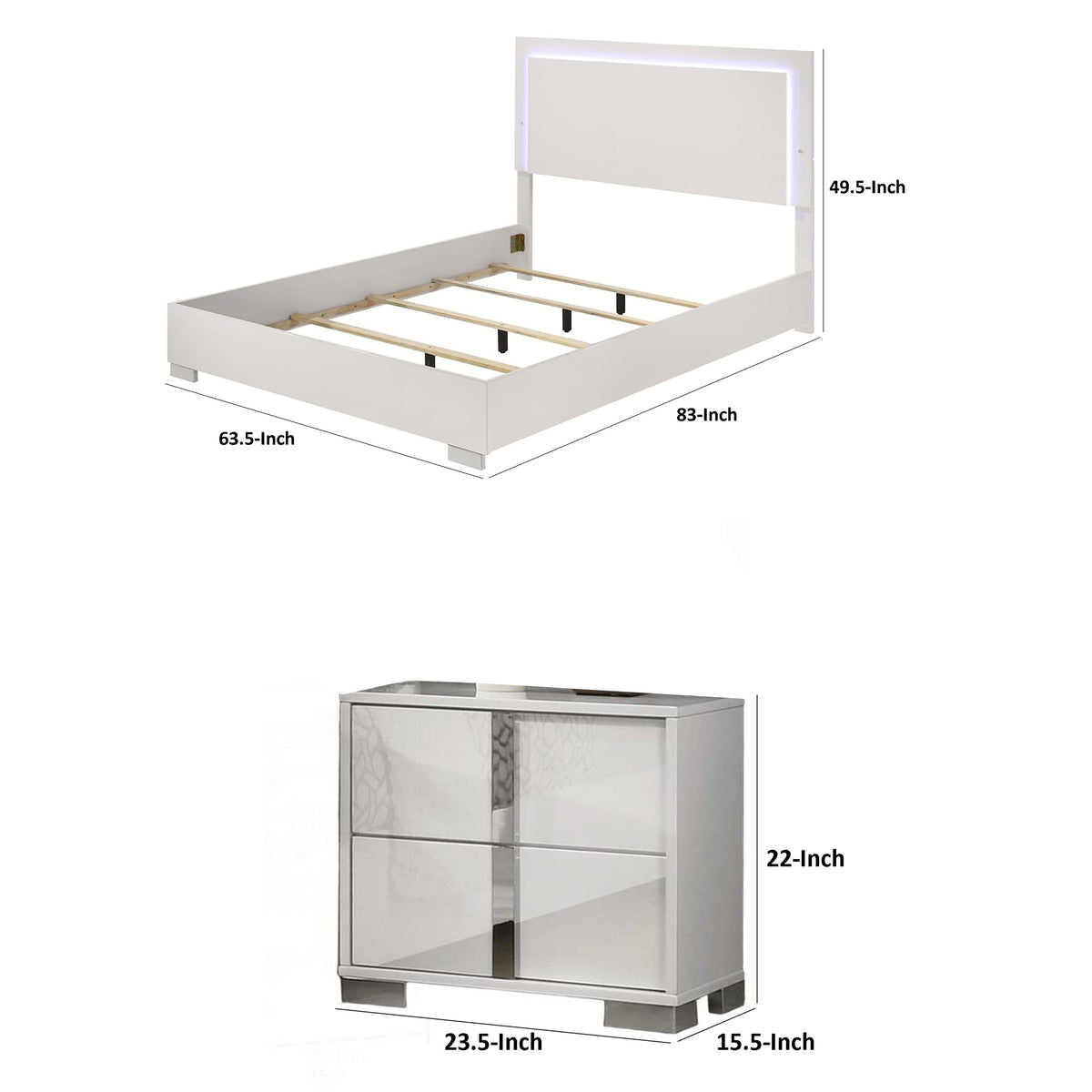 Queen Bedroom Set, White, Chrome, Chrome Silver Wood, 2 Piece Set with Nightstand