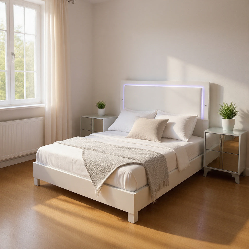 Queen Bedroom Set, White, Chrome, Chrome Silver Wood, 3 Piece Set with 2 Nightstands