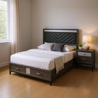 Queen Bedroom Set, Gray, Silver, Black Wood, 2 Piece Set with Nightstand