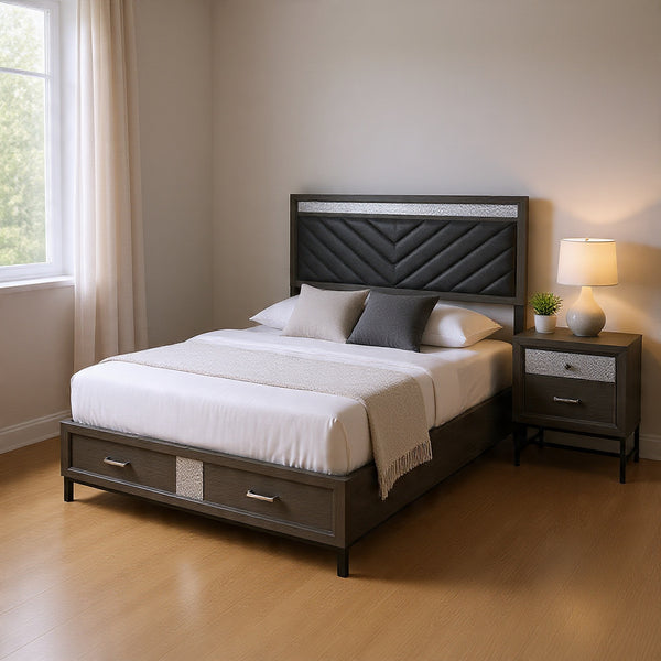 Queen Bedroom Set, Gray, Silver, Black Wood, 2 Piece Set with Nightstand