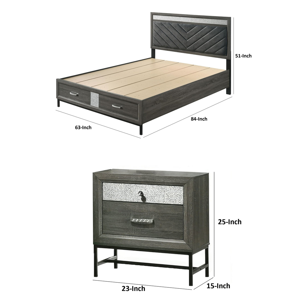Queen Bedroom Set, Gray, Silver, Black Wood, 3 Piece Set with 2 Nightstands
