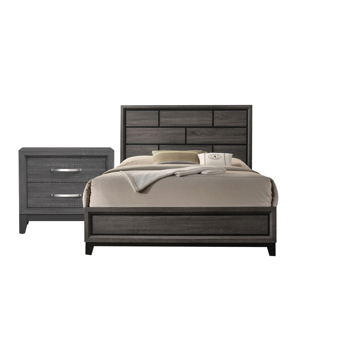 Queen Bedroom Set, Gray, Black Wood, 2 Piece Set with Nightstand