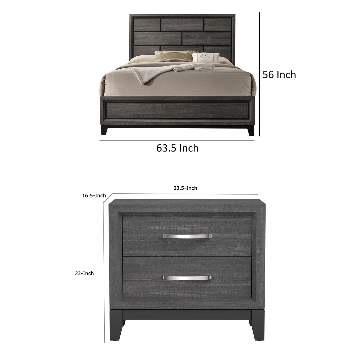 Queen Bedroom Set, Gray, Black Wood, 2 Piece Set with Nightstand