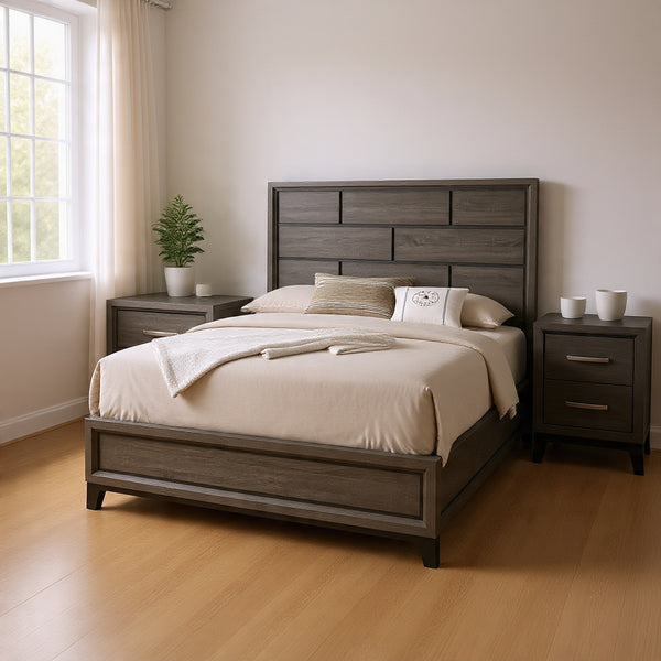Queen Bedroom Set, Gray, Black Wood, 2 Piece Set with Nightstand