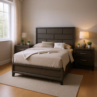 Queen Bedroom Set, Gray, Black Wood, 3 Piece Set with 2 Nightstands
